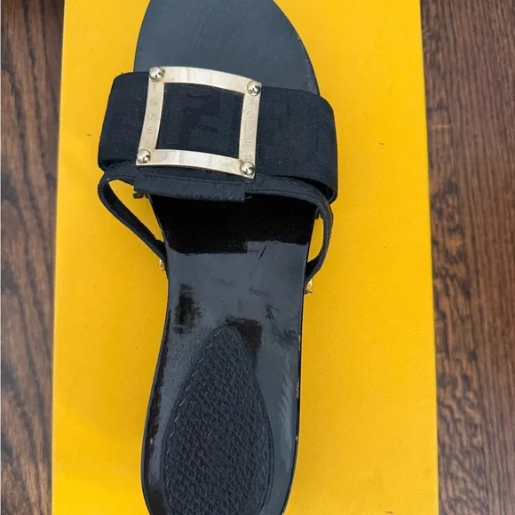 FENDI Authentic Black Wooden Slide Sandals w/ Logo Canvas & Gold Buckle, size 37 - Picture 5 of 9